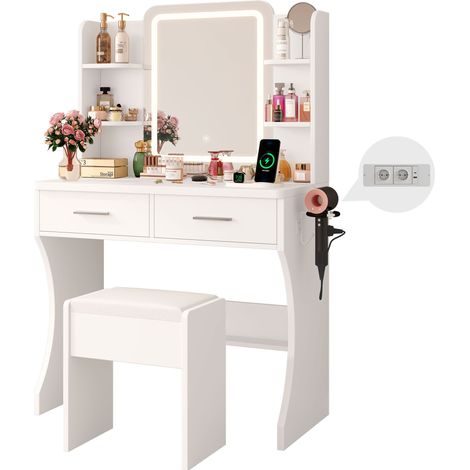 Coiffeuse avec Miroir LED et Tabouret, Luminosité Réglable, 3 Couleurs, Multiprise, 2 Tiroirs, 4 étagères, 80L X 40P X 130H cm, Blanc (1/5)