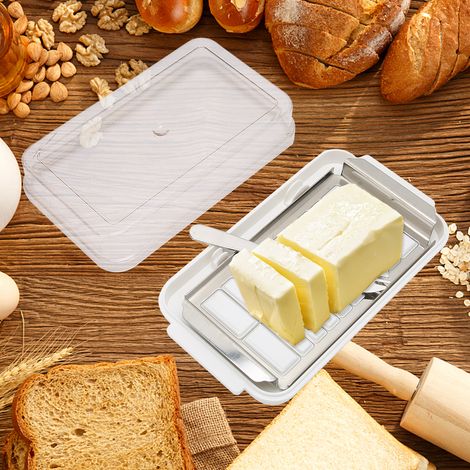 Boîte à beurre en acier inoxydable, récipient de rangement pour fromage avec couvercle transparent pour la cuisine, châssis blanc (1/5)