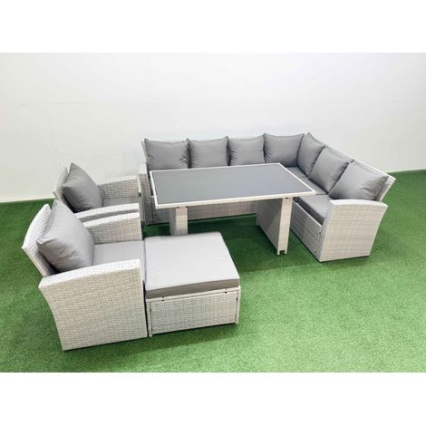 Fimous Outdoor Garden Furniture Sets 9 Seater Wicker Rattan Corner Sofa Sets with Rectangular Dining Table Lounge Sofa Big Footstool Light Grey (1/4)