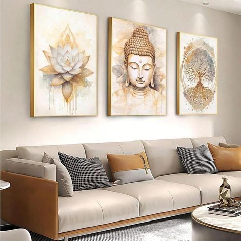 Buddha-Statuen und Lotus-Poster, abstrakte Leinwandbilder mit Aquarell-Lebensbaum für die Wandgestaltung zu Hause, 50 x 70 cm x 3, ungerahmt (1/5)
