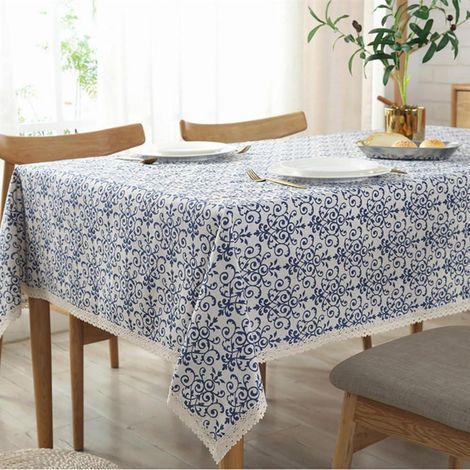 Nappe Bleu-Blanc Aspect Porcelaine Aspect Lin Essuyable 130x180 cm