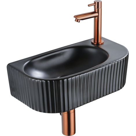 QeramiQ Fuente Ensemble de lavabo - 40x21.5x12cm - droite - nervuré - demi-rond - 1 trou de robinet - céramique - robinet de lavabo cuivre brossé -
