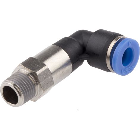 Adaptateur fileté coudé RS PRO vers Enfichable 6 mm R 1/8 Mâle ( Prix pour Paquet de 10 )