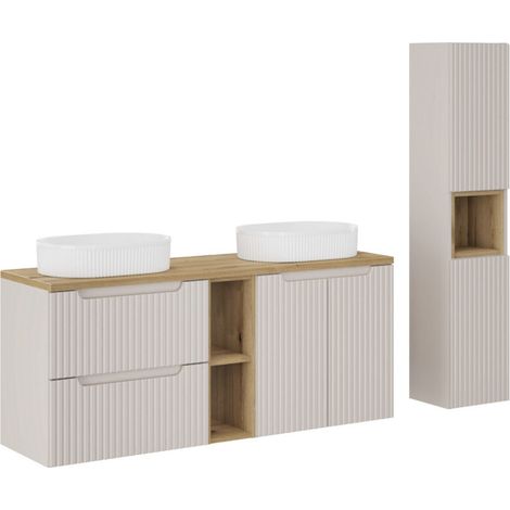 Ensemble salle de bain 170cm double vasque ovale blanche NOVA avec meubles suspendus et colonne-Taupe (1/5)