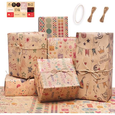Lot de 6 rouleaux de papier cadeau d'anniversaire recyclable avec ruban adhésif double face et corde de paille de 10 m, papier cadeau marron pour hommes, filles, enfants, 70 x 50 cm (1/5)