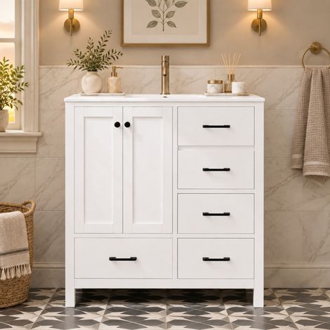 Mobile sottolavabo 76 x 46 x 82 cm con lavabo in ceramica, bianco OKMYHOME (1/5)