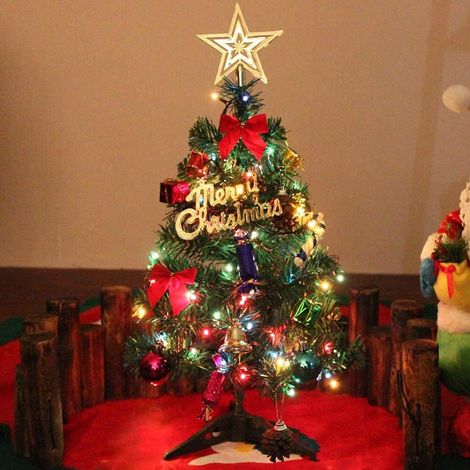 Mini sapin de Noël, 24 "/ 60 cm faux petit sapin de Noël de table avec guirlandes lumineuses LED et ornements pour la décoration de bureau à domicile de vacances (1/5)