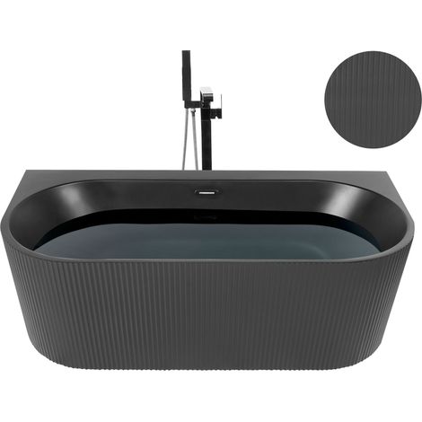 Vasca moderna da parete ovale 170 x 80 cm Acrilico finitura scanalata Bagno Nero opaco Gocta (1/5)