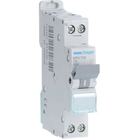 Hager – Disjoncteur unipolaire 6A C-3kA 1 Module – Borne à vis pour connexion sécurisée – MFN706