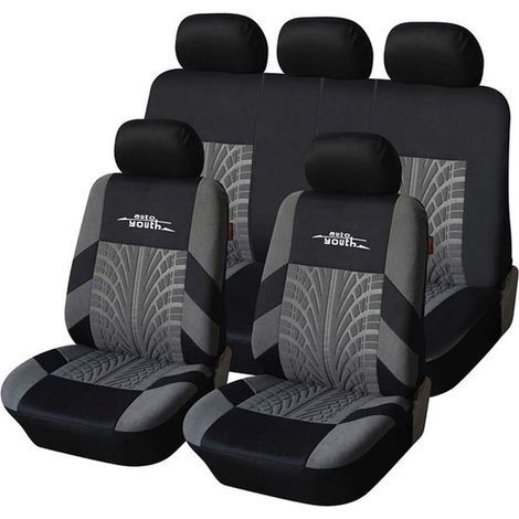 Juego de fundas universales para asientos de coche - 9 piezas, gris con estampado de neumáticos (1/5)