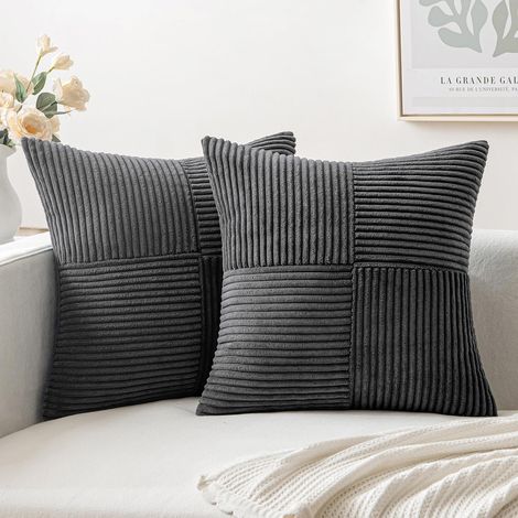 Set mit 2 Kissenbezügen im Bohème-Stil, 45 x 45 cm, dekorative Kissenbezüge aus dunkelgrauem Cord mit Kreuzmuster für Sofa oder Schlafzimmer