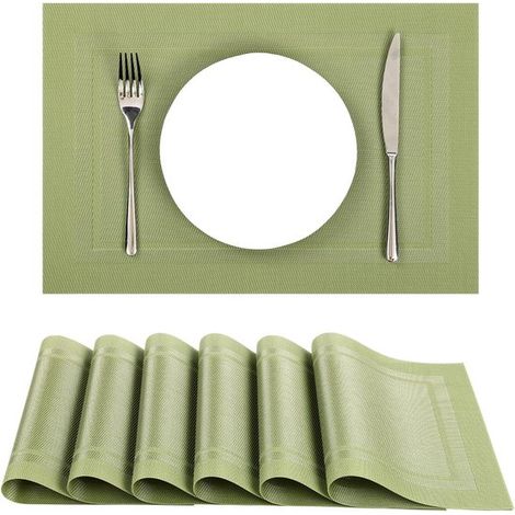 Lot de 6 sets de table en vinyle tissé, lavables et résistants à la chaleur, pour table intérieure et extérieure, motif tissé vert olive (1/5)