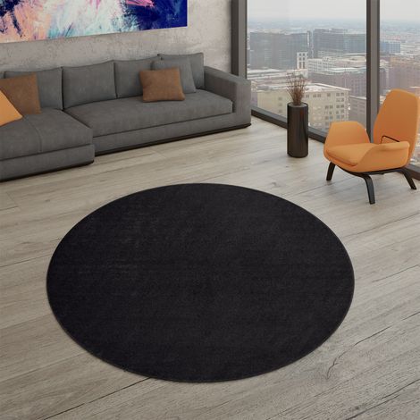 Tapis de salon à poils courts, uni, design moderne et intemporel 120 cm x 120 cm x 12 mm, Gris noir, Rond (1/5)