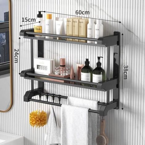 Étagère De Douche Cuisine Sans Perçage Avec Porte-Serviette Pour Éponge Shampooing Salle De Bain Panier Organisateur-60CM