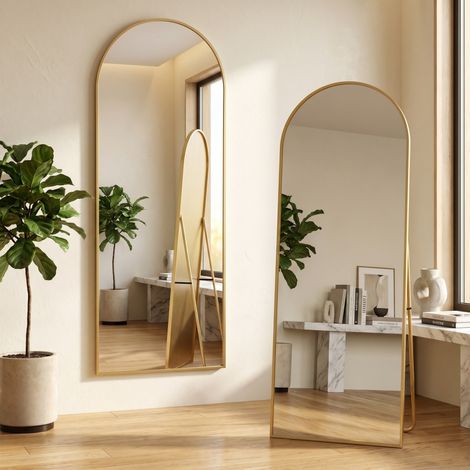 Miroir sur pied Arche Doré XXL 177 x 77 cm – Grand Miroir de Plain-pied en Verre Trempé – Design Rétro Chic, Pose au Sol ou Fixation Murale