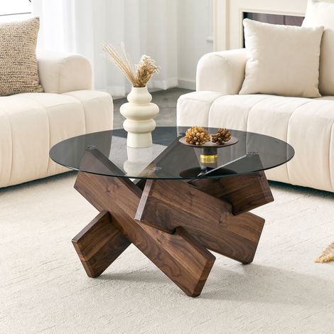 Table basse ronde moderne en verre avec un piètement design robuste en bois ou aspect marbre, environ 79 cm de diamètre, environ 45 cm de hauteur, table de salon pour intérieurs élégants (1/4)