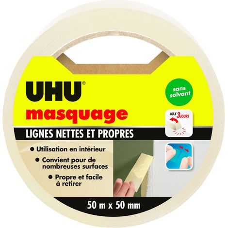 Ruban de masquage 50m x 50mm – Pour surfaces intérieures – Formulé sans solvant – Application facile et propre – UHU