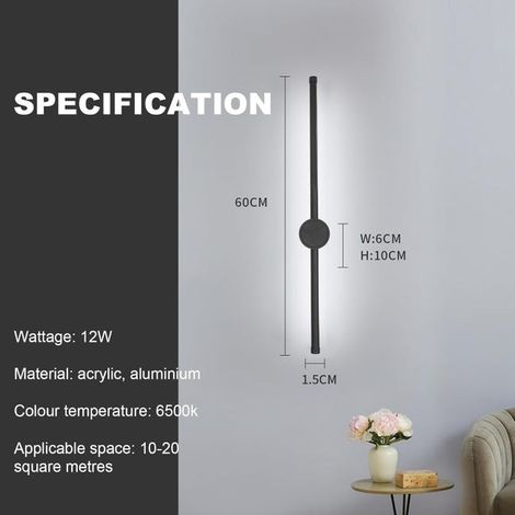 Applique da parete per interni, applique a LED girevole a 360°, bianco freddo 6500K, applique moderna da 12W nera 60CM (1/4)