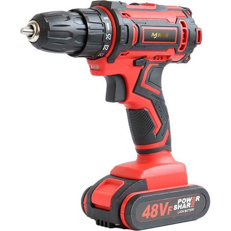 Destornillador eléctrico inalámbrico recargable de 48 V y 28 Nm con función de taladro de impacto, color rojo. (1/5)