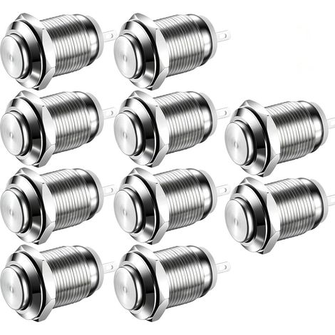 10pcs Momentané Bouton-poussoir Étanche En Acier Inoxydable Bouton-poussoir On Off 12mm 2A 12V/24V/125V/250V(Haute Tête) (1/5)
