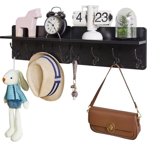 cintre mural, cintre en bois, ensemble de 2, porte - manteau d'entrée avec 8 crochets, étagère flottante 80cm L,porte - clés,pour cuisine,chambre à coucher,salle de bains,salon,noir,HWS006B-2 (1/5)