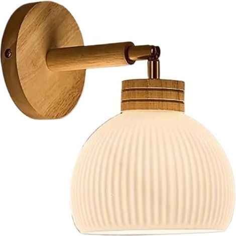 Moderne Wandleuchte aus Massivholz und geripptem, milchig-weißem Glas, minimalistische Retro-Nachttischlampe (für Schlafzimmer, Flur)