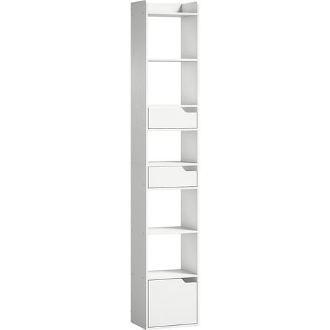 Bibliothèque étroite de rangement blanc, 32x24x181,5cm, avec porte, 2 tiroirs et compartiments ouverts. (1/5)