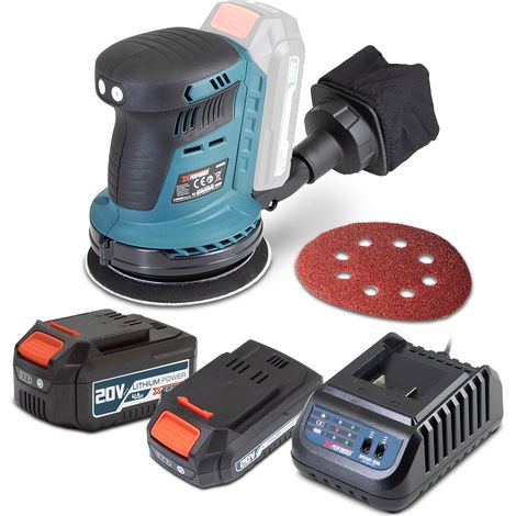 Ponceuse excentrique 20V max 125mm avec moteur brushless livrée avec 1 batterie 2Ah, 1 batterie 4Ah et un chargeur rapide. (1/4)