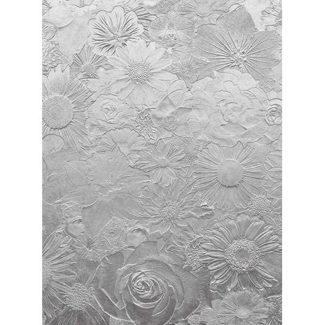 Papier peint panoramique relief motif fleur argenté | Tapisserie panoramique fleurie grise pour chambre | Papier peint panoramique floral moderne - 192 X 260 cm (4 pièces) (1/2)
