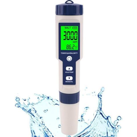 Test de sel et pH-mètre numérique pour piscine, eau de mer et eau potable, 5 en 1, salinité, pH, température, EC et TDS pour piscines, jacuzzi, spas, haute précision (1/5)