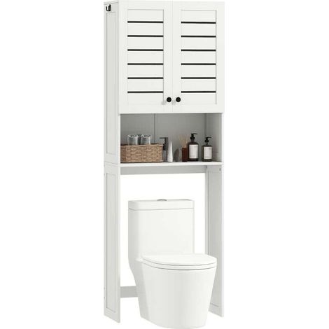 Mobile Sopra WC con Armadietto a 2 Ante e Ripiano Aperto, in Legno Bianco, 67x31.5x190 cm