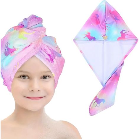4-teiliges Mikrofaser-Haarhandtuch-Set, schnelltrocknend, super saugfähig, mit Knopfverschluss, Einhorn-Motiv