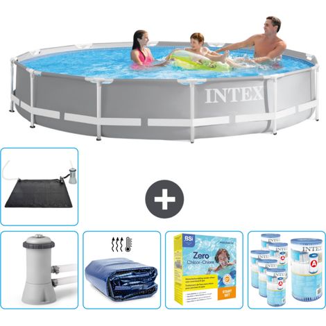 Intex Round Prism Frame Swimming Pool – 366 x 76 cm – Grau – Inklusive Zubehör CB25