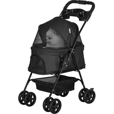 Poussette chien chat pliable 4 roues noir imperméable tissu Oxford 300D