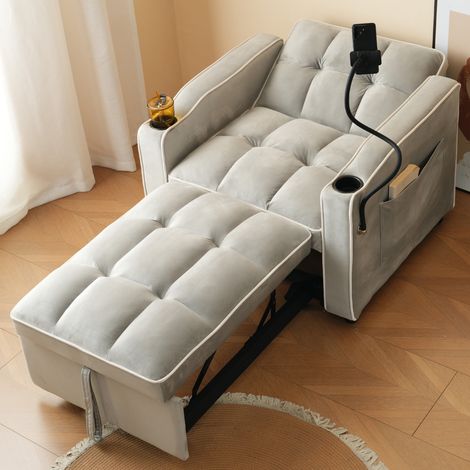 Poltrona letto estraibile 83x167x76 cm grigio antico in velluto con schienale regolabile e portabicchieri (1/5)