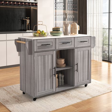 Mueble de cocina con ruedas 139 x 46(71) x 91,5 cm con tablero abatible, gris OKMYHOME (1/5)