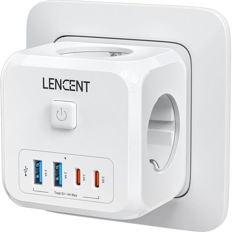Murale Europe Prise Multiple Secteur USB Multiprise Murale 7 en 1  Cube Chargeur USB avec 3 Sorties AC 4000W, 2 Type C et 2 Ports USB, avec Interrupteur Idéal pour Salon Bureau Chambre,Blanc (1/5)