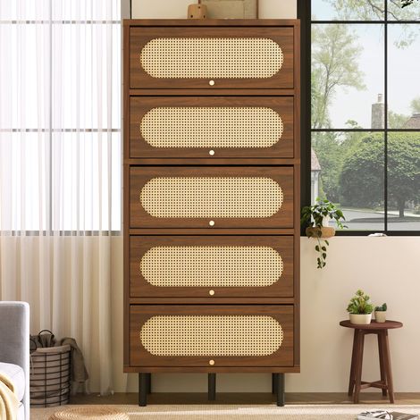 Credenza in noce con rattan 80 x 40 x 163 cm, mobile alto con 5 ante a ribalta, gambe in metallo (1/5)