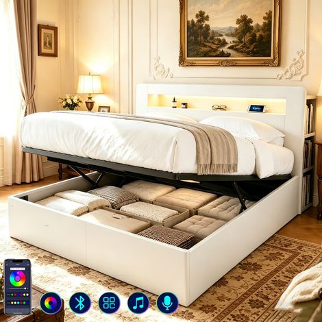 Lit plateforme moderne 180 x 200 cm blanc, cadre en bois avec rangement, système hydraulique, tête de lit LED et prises intégrées – lit à plateforme pour chambre (1/5)