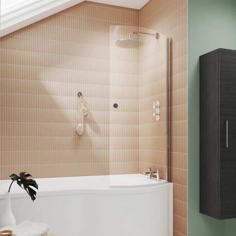 Nuie Curved P-Shaped Hinged Bath Screen with Knob 1433mm H x 715mm W - 6mm Glass (1/6)