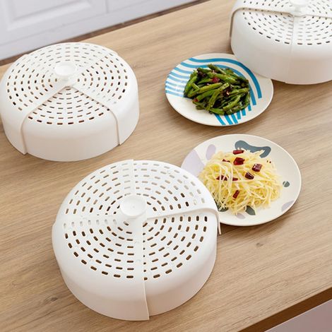 Cloche à nourriture pliable blanche aérée Housse de table anti-poussière anti-mouches pour repas Couvercle tournant pour protéger les restes alimentaires en été (1/5)