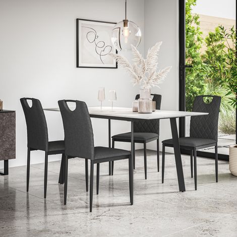 Haydon Extending Dining Table + Chairs- White Marble Effect Table Top w Black Legs + Monza Linen Dining Chair Set Of 4 (Charcoal) (1/5)