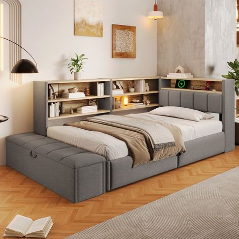 Lit banquette 90 x 200 cm, lit coffre avec rangement hydraulique, tête de lit banquette, prise électrique, USB, éclairage LED, velours gris (1/5)