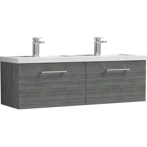 Balterley Bramshall 1200mm Wall Hung 2 Drawer Vanity Unit & Double Basin for Modern Bathroom Storage - Anthracite Woodgrain