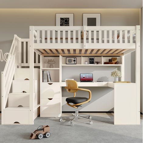 Lit mezzanine enfant 90x200 cm avec bureau d’angle, rangement et escalier coffre, bois blanc (1/5)
