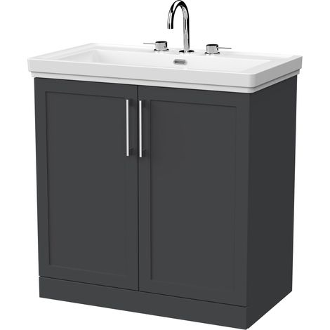 Stonnall Traditional Floor Standing 2 Door Vanity Unit with Traditional 3 Tap Hole Fireclay Basin, 800mm, Dark Grey (1/4)