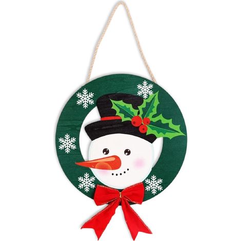 Décoration murale ronde « Joyeux Noël » avec renne, houx, flocons de neige et nœud rouge, en bois, à suspendre à une porte d'entrée ou un porche pour les décorations de Noël et d'hiver. (1/5)