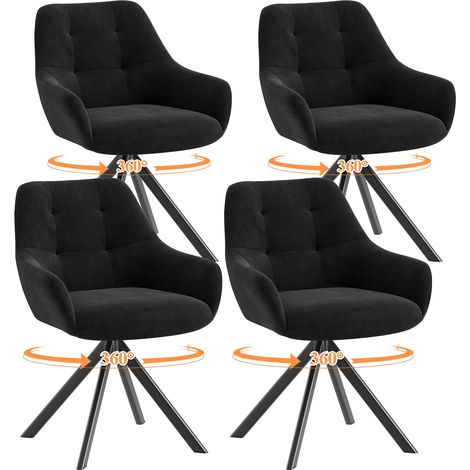 Lot de 4 Chaises de Salle à Manger Pivotantes à 360°, Chaises avec Accoudoirs en Tissu Moelleux et Piètement Métal, Chaises Confortables Pivotantes avec Dossier pour Cuisine, Bureau, Noir (1/5)