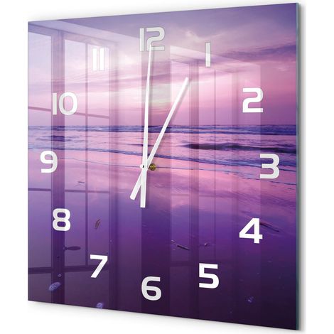 Grande Horloge Murale Carrée Chambre Silencieuse en Verre Sans Tic-Tac Design Moderne Mer au coucher du soleil 60x60 cm (1/5)