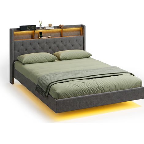 Letto Matrimoniale Imbottito 140x200 cm Bealife Struttura in Legno Metallo Luce LED con Testiera con Vano Contenitore Grigio Scuro